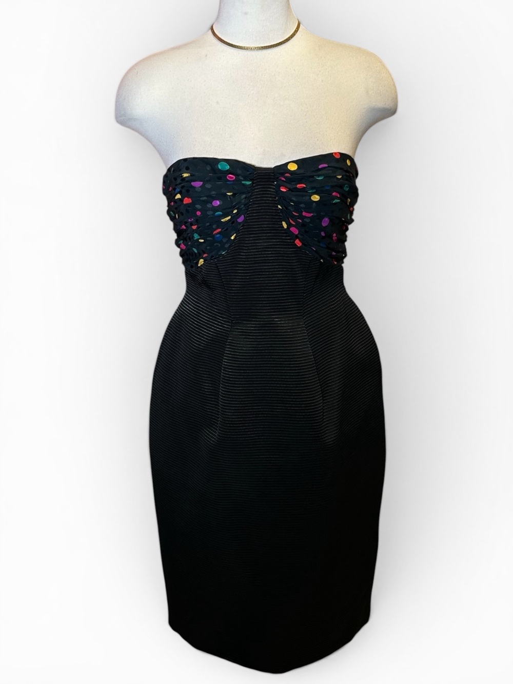 Vintage 1980s Vicky Tiel Silk Polka Dot Strapless Hourglass Mini Dress